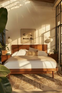 a bed sitting in a bedroom next to a window with lots of light on it