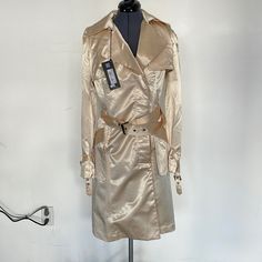 Beautiful Just Cavali Trench W/ Tags Never Worn Luxury Silk Double-breasted Outerwear, Fitted Silk Outerwear With Pockets, Luxury Gold Outerwear For Spring, Luxury Silk Outerwear For Spring, Luxury Silk Outerwear For Fall, Spring Silk Outerwear With Pockets, Chic Silk Double-breasted Outerwear, Luxury Silk Long Coat Outerwear, Gold Trench Coat