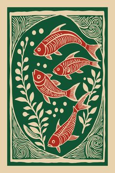 two red fish swimming in a green and white square with leaves on the sides, surrounded by swirls