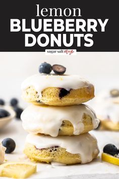 lemon blueberry donuts stacked on top of each other