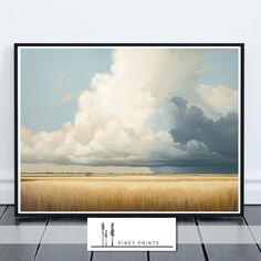 an oil painting of a field with clouds in the sky