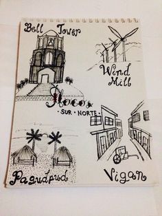 a piece of paper with drawings on it that says, bell tower, wind mill, river, and hotel