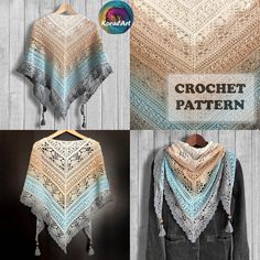 the crochet shawl pattern is shown in three different colors, including blue and beige