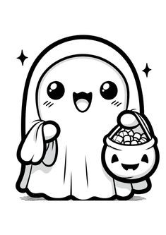 a black and white drawing of a ghost holding a bag with a pumpkin in it