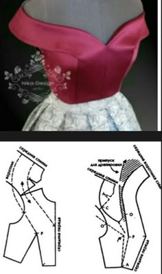 the front and back view of a dress with an attached bustle, as well as sewing instructions