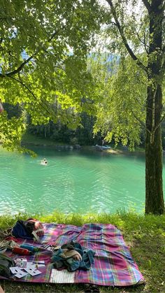 a person laying on top of a blanket next to a tree near a body of water