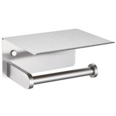 stainless steel toilet paper holder with towel bar and tissue dispenser on white background