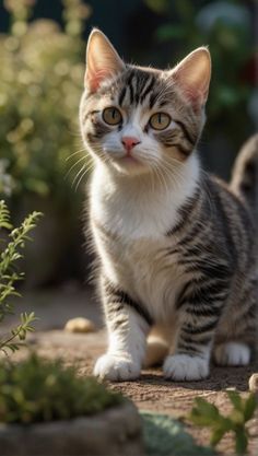 a cat sitting on the ground in front of some plants