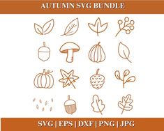 the autumn svg bundle includes leaves, acorns and other fall items in orange