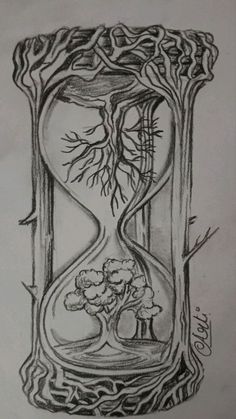 a drawing of an hourglass with trees and flowers inside