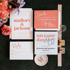 the wedding stationery was done in peach and white