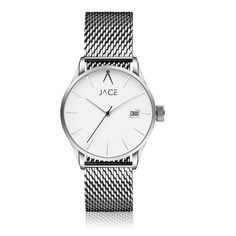 JACE - SKOPJE MEN`S MESH BAND WATCH Adjustable Stainless Steel Watches With Subdials, Silver Adjustable Watch For Business, Adjustable Silver Watch For Business, White Watch Accessories With Stainless Steel Clasp, White Stainless Steel Watch Accessories, Stainless Steel Watch With Adjustable Fit, Adjustable Stainless Steel Watch, Silver Analog Display Watch, Calendar Date