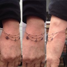 three different views of a person's foot with jewelry on them and their hands