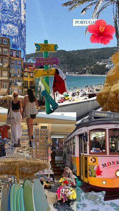 the collage shows people walking around in front of colorful buildings and a yellow tram