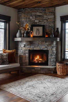 40 Corner Fireplace Ideas to Style Your Living Room Raised Ranch Fireplace Living Rooms, Corner Stone Fireplace With Tv, Deer Over Fireplace, Basement Corner Fireplace Ideas, Corner Wood Burner Fireplace Ideas, How To Build Corner Fireplace Tv Wall, Deer Mount Over Fireplace, Corner Stone Fireplace Living Room, Corner Fireplace With Built Ins On Side