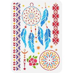 an assortment of temporary tattoos with different designs on the side and colorful feathers attached to them