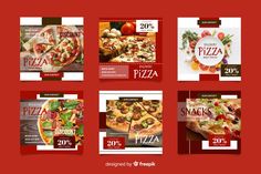 four different pizza banners on a red background