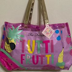 Nwt Too Faced Tutti Frutti Tote Bag In New Condition Transparent Plastic Pink With Cute Multi Colored Fruits All Over And Gold Straps, Perfect For The Beach Playful Tote Beach Bag For Shopping, Fun Tote Beach Bag For Shopping, Tan Shoulder Bag For Summer Shopping, Fun Beach Tote Bag For Shopping, Fun Shopping Shoulder Bag, Fun Pink Shoulder Bag For Shopping, Fun Rectangular Beach Bag For Shopping, Fun Summer Shoulder Bag For Shopping, Tutti Frutti