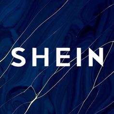 the word shein written in white on a dark blue background with lines and curves