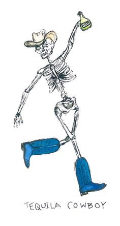 a drawing of a skeleton with a cowboy hat and boots holding a bottle in his hand