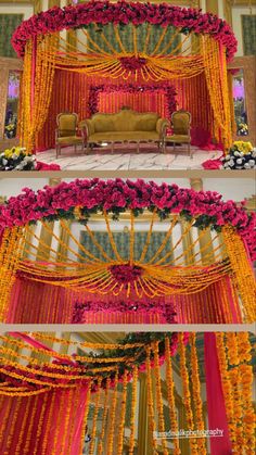 the wedding stage is decorated with orange and pink flowers