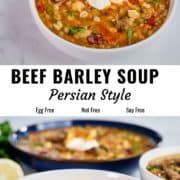 beef barley soup in a white bowl