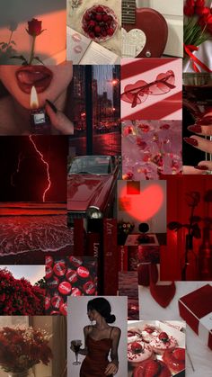 a collage of red and white images with hearts, flowers, candles, roses