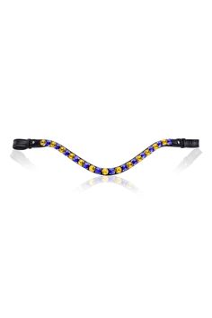 a blue and yellow beaded bracelet on a white background