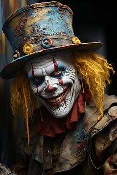 a creepy clown with yellow hair and makeup