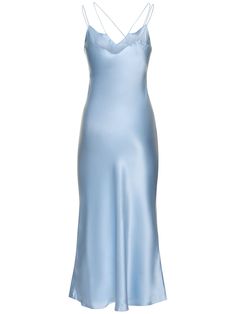 Fixed spaghetti straps. Unlined. Model is wearing a size8 Silk Light Blue Dress, Light Blue Dress, Versace Brand, Light Blue Dresses, Black Baby, Satin Slip Dress, Satin Slip, Catania, Shearling Jacket