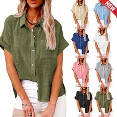 Top Rated Womens Cotton Linen Casual Blouse Ladies Button T Shirt Short Sleeve Tops Tunic, Womens Clothing Dance Women, Pocket Blouse, Linen Casual, Linen Short, Short Sleeve Pattern, Denim Shirt Dress, Casual Stripes, Loose Shirts, Linen Blouse