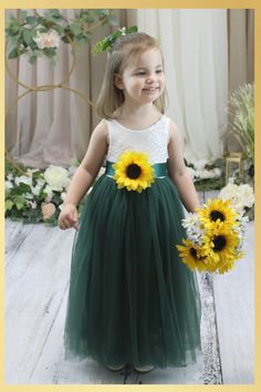 Sunflower flower girl dress in hunter green