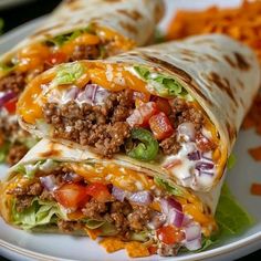 two burritos with meat, cheese and vegetables on a plate