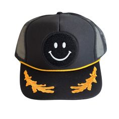 Playful Snapback Trucker Hat For Outdoor, Playful Outdoor Trucker Hat With Curved Brim, Playful Curved Brim Trucker Hat For Outdoor, Adjustable Black Hats With Patches, Black Adjustable Hat With Patches, Adjustable Black Hat With Patches, Trucker Snapback Hat With Curved Brim And Patches, Fun Adjustable Baseball Cap With Embroidered Patch, Playful Trucker Hat For Outdoor