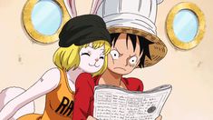 two anime characters are reading a newspaper