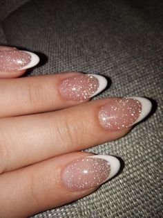 Glittery Nails Short, Fancy Short Nails, Pink Nails Ideas Glitter, Nail Ideas Hoco, Sparkly French Nails, Nail Inspo Glitter, Homecoming Nail Ideas, Pink Nails With Glitter, Hoco Nails