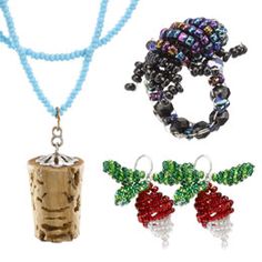 three different necklaces with beads on them and one beaded object in the middle