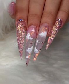 Stilleto Nails Designs, Clear Acrylic Nails, Stiletto Nails Designs, Long Acrylic Nails Coffin, White Nail Designs, White Nail, Bling Acrylic Nails, Glam Nails, Nail Designs Glitter