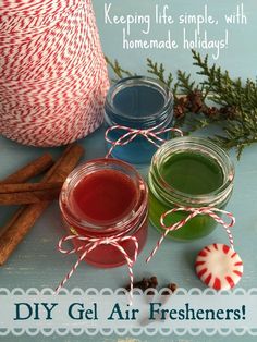 three jars filled with different colored gels and cinnamon sticks