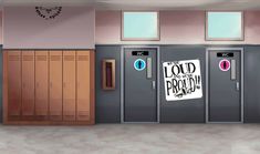 three lockers with signs hanging on them in a hallway next to two doors that say loud the problem