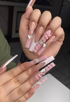 Nails Full Of Rhinestones, Arclyc Nail Ideas Long, Nail Ideas Long Pink, Light Pink Freestyle Nails, Long Pink Nail Ideas, Dramatic Pink Nails, Latina Acrylic Nails Pink, Acrylic Nail Designs Glam, Long French Tip Nails With Design