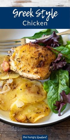 a white plate topped with chicken thighs and potatoes next to a green leafy salad