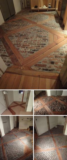 the floor in this kitchen is being remodeled with wood and stonework on it's sides