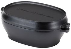 a black cast iron dutch oven with the lid open and handle extended to hold it