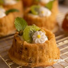 small desserts on a cooling rack with green leaves and flowers in the top portion