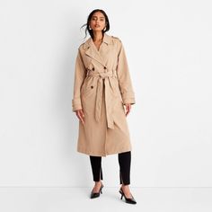 Women's Classic Trench Coat - A New Day™ Tan M Double-breasted Fall Workwear Raincoat, Fall Workwear Double-breasted Raincoat, Long Raincoat With Button Closure For Work, Solid Long Raincoat For Fall, Long Solid Color Raincoat For Fall, Utility Long Coat For Work, Long Raincoat For Fall, Casual Long Coat Raincoat For Work, Casual Long Raincoat For Work