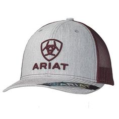 Comfortable Ariat mens cap. 6 panel reinforced grey cap with burgundy contrast stitching and mesh back. Embroidered Ariat logo on the front. Snapback closure for a perfect fit. Features Mens Hat Baseball Cap Snap Mesh R112 with Embroidered Design Heather baseball cap Featuring embroidered Ariat logoSpecifications Color: Grey Gender: Men Mesh Back: Burgundy - SKU: MFWP27307 Size: One Size.  Color: Multicolor.  Gender: female.  Age Group: adult. Gray Trucker Hat With Embroidered Logo, Ariat Logo, Mens Cap, Mens Hats Baseball, Mens Hat, Gray Cap, Cap Mens, Hat Baseball, M F