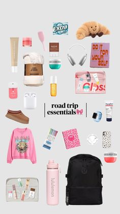 the road trip essentials are organized in pink and black