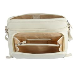 This classic shoulder handbag is a great accessory to any outfit. The high quality leather and construction gives it a long lasting look and feel. The additional organizer on the front keeps everything you need together and organized. It can carry just as much as a wallet without the bulk. Made of 100% Leather Beige Flap Bag For Travel, Versatile Soft Leather Flap Bag For Travel, Classic Camera Bag With Removable Pouch For Travel, Classic Travel Camera Bag With Removable Pouch, Elegant Soft Leather Shoulder Camera Bag, Beige Leather Rectangular Camera Bag, Rectangular Beige Leather Camera Bag, Cream Flap Bag With Detachable Strap For Travel, Beige Travel Shoulder Bag With Leather Lining