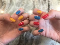 red yellow and blue nails three color nails emma chamberlain nails Nails Emma Chamberlain, Three Color Nails, Yellow And Blue Nails, Emma Chamberlain Nails, Different Color Nails, Splatter Nails, Blue Gel Nails, Natural Nail Art, Nails Yellow